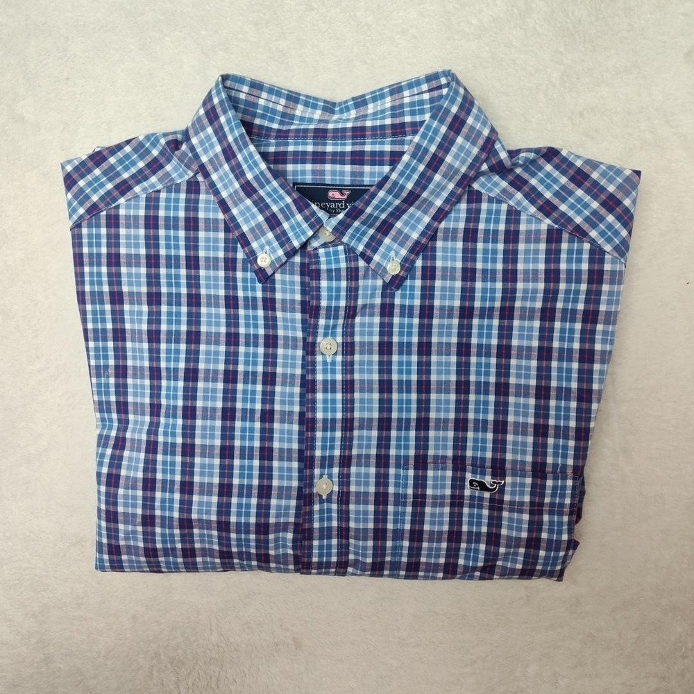 Vineyard Vines Shirt Mens M Blue Plaid Button Up Long Sleeve Cotton Spandex